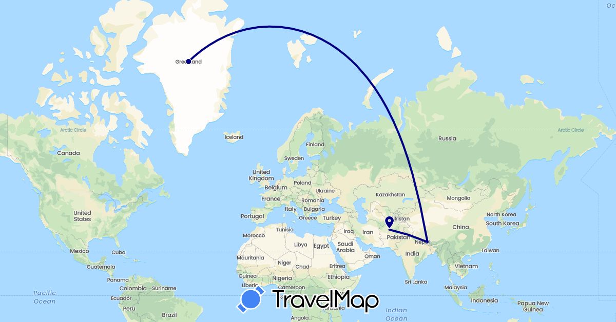 TravelMap itinerary: driving in Afghanistan, Greenland, Nepal (Asia, North America)